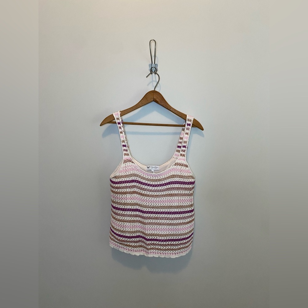 Jessica Simpson Striped Crochet Tank Top - Pink & Cream